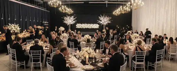 Black tie gala setup inside Wanderlust event space in Las Vegas