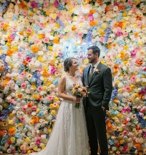 Wedding flower wall photo backdrop at Wanderlust Las Vegas event venue